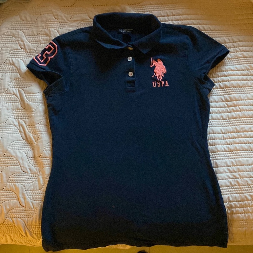 Polo t-shirt/S/Navy Blue + Pink details around the neck, chest, and sleeves. :)